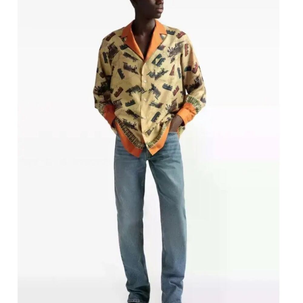 Bally Men's Graphic Print Multicolor Train Print Camp Collar Shirt 100% Silk XS